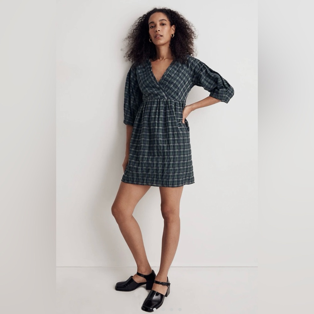 Madewell Petite Mariana Puff-Sleeve Mini Dress in Plaid - Forest
